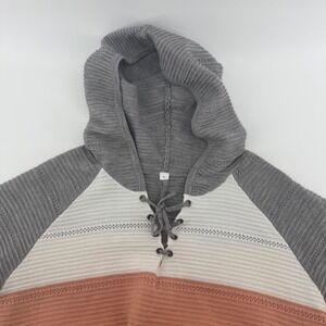 Hooded Knit Sweater L Pullover‎ Lace Up Color Block Gray Orange Casual Comfy